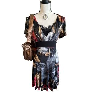 Y2K Dark Floral Empire Waist Midi Dress | Medium